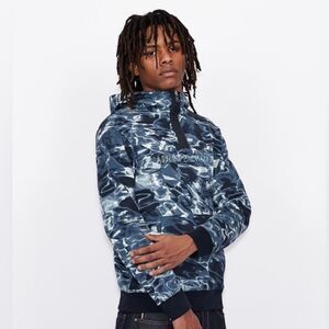 Armani Exchange Blue Gray Water Print 1/4 Zip Hoodie Sweatshirt Men's Medium